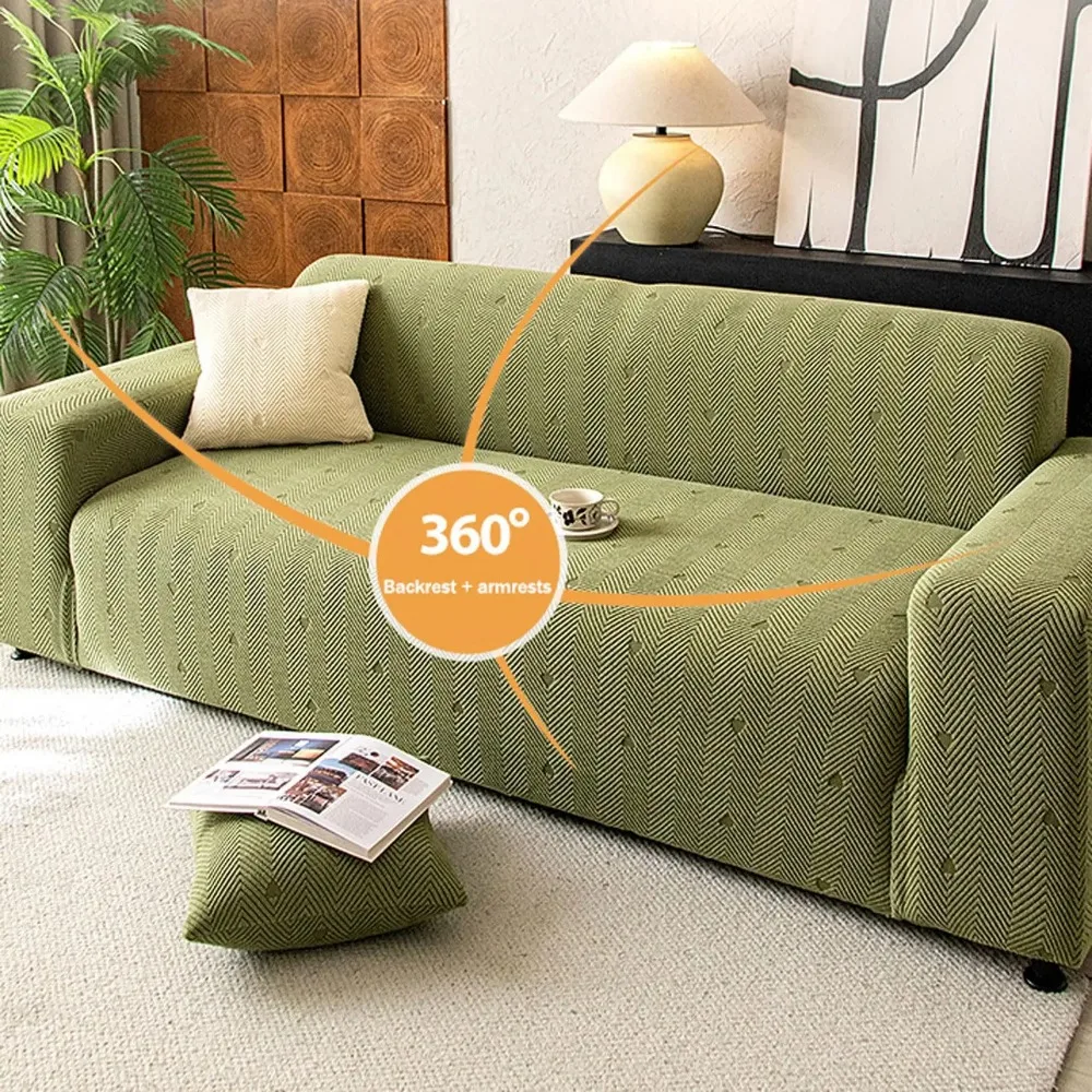 Fleece Elastic Sofa Cover Full Wrap Universal Sofa Slipcover Couch Protector All Season Pet Friendly Jacquard Furniture Cover