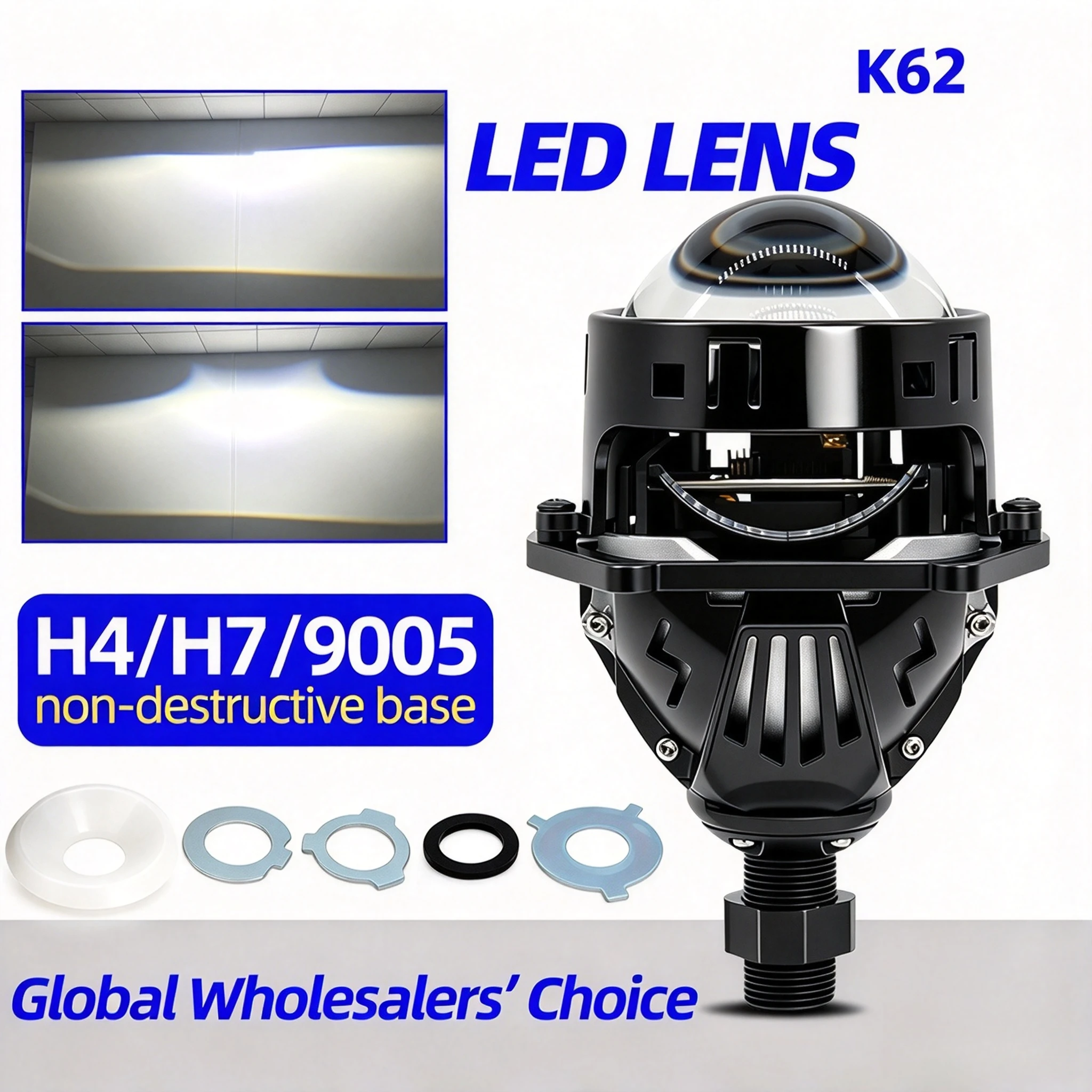 NXY K62 58W Bi LED Projector Lens Car Headlight High Low Beam All in One Plug and Play Automotive Lighting Retrofit Upgrade Lamp
