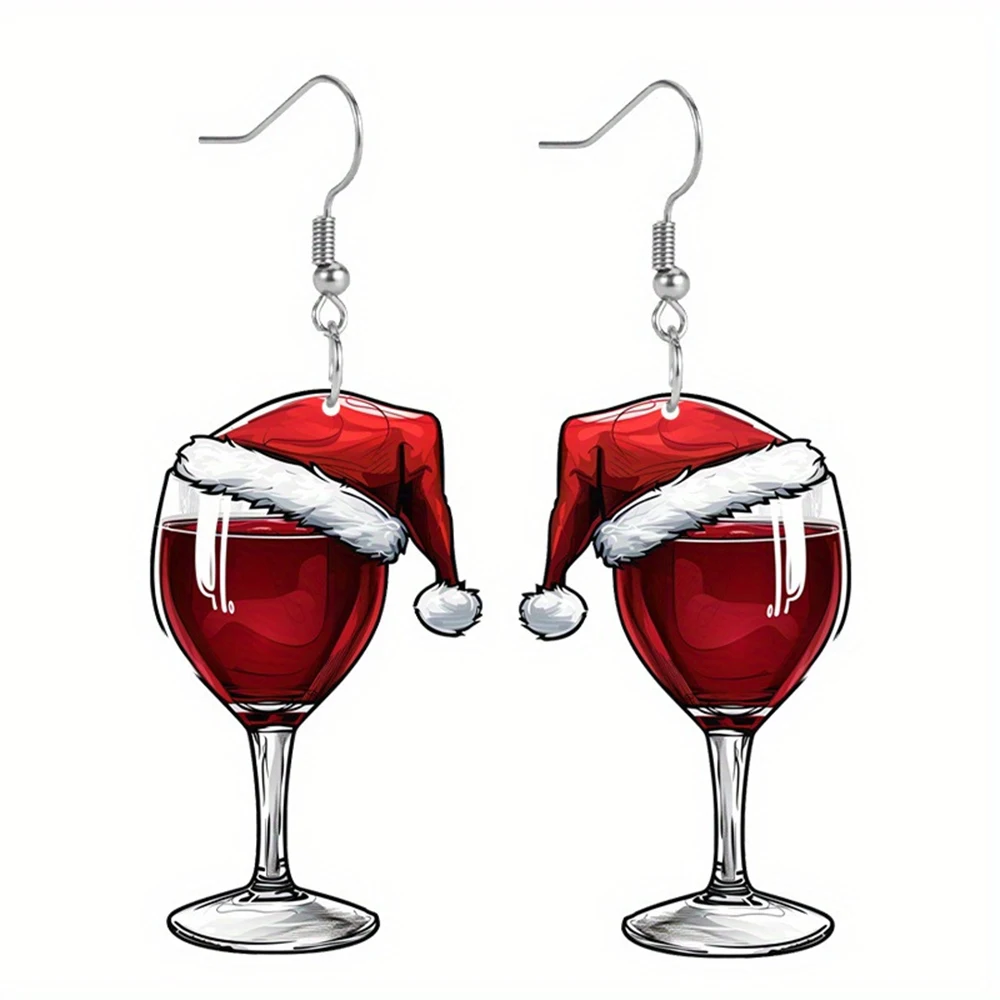 Christmas Red Wine Glass Drop Earrings Christmas Hat New Year Wine cup Acrylic Pendant Earrings Woman Friends Jewelry Gift