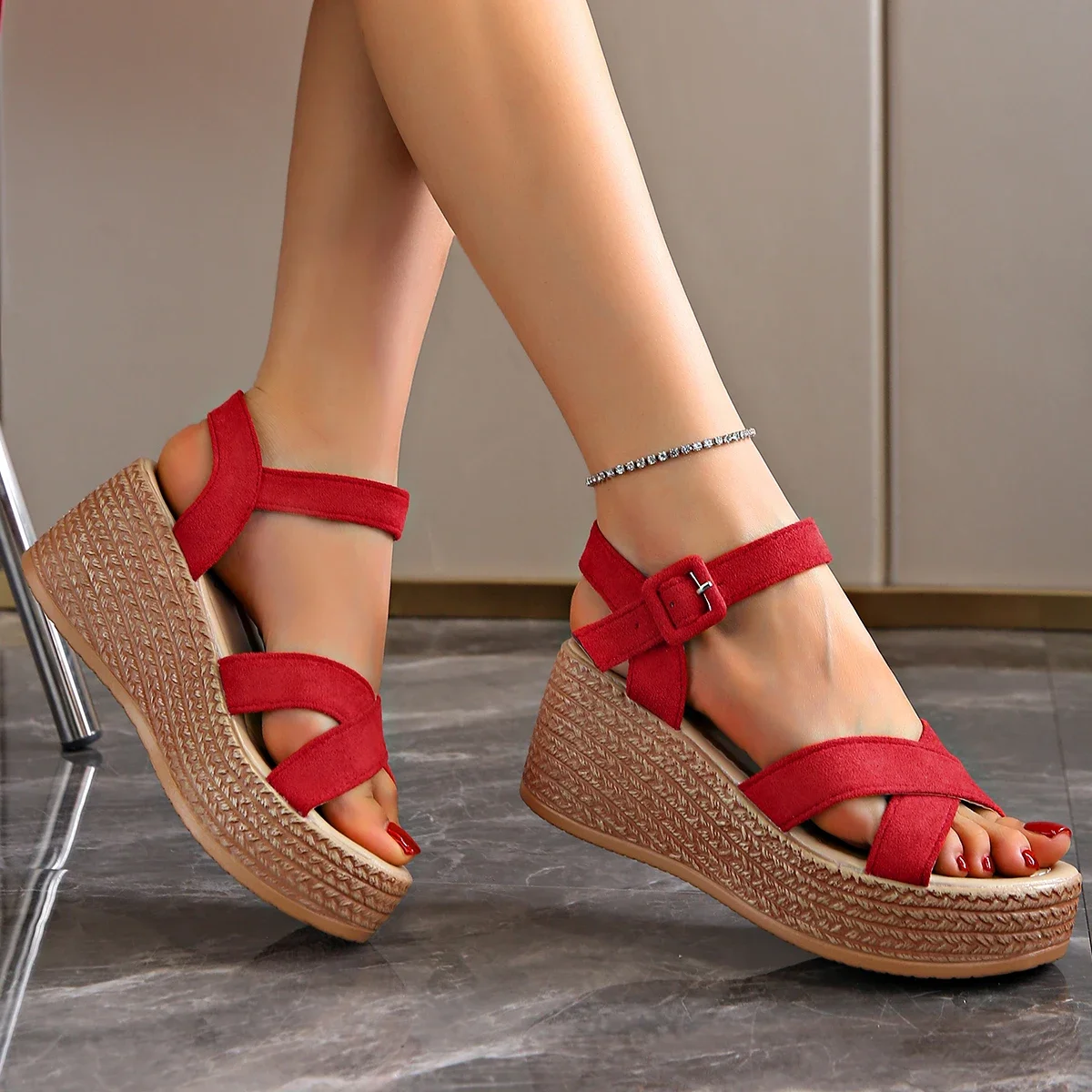 New Fashion Womens Shoes Cloth Surface Platform Sandals with Heel Suit Female Beige Buckle Strap Muffins Shoe Luxury Espadrilles