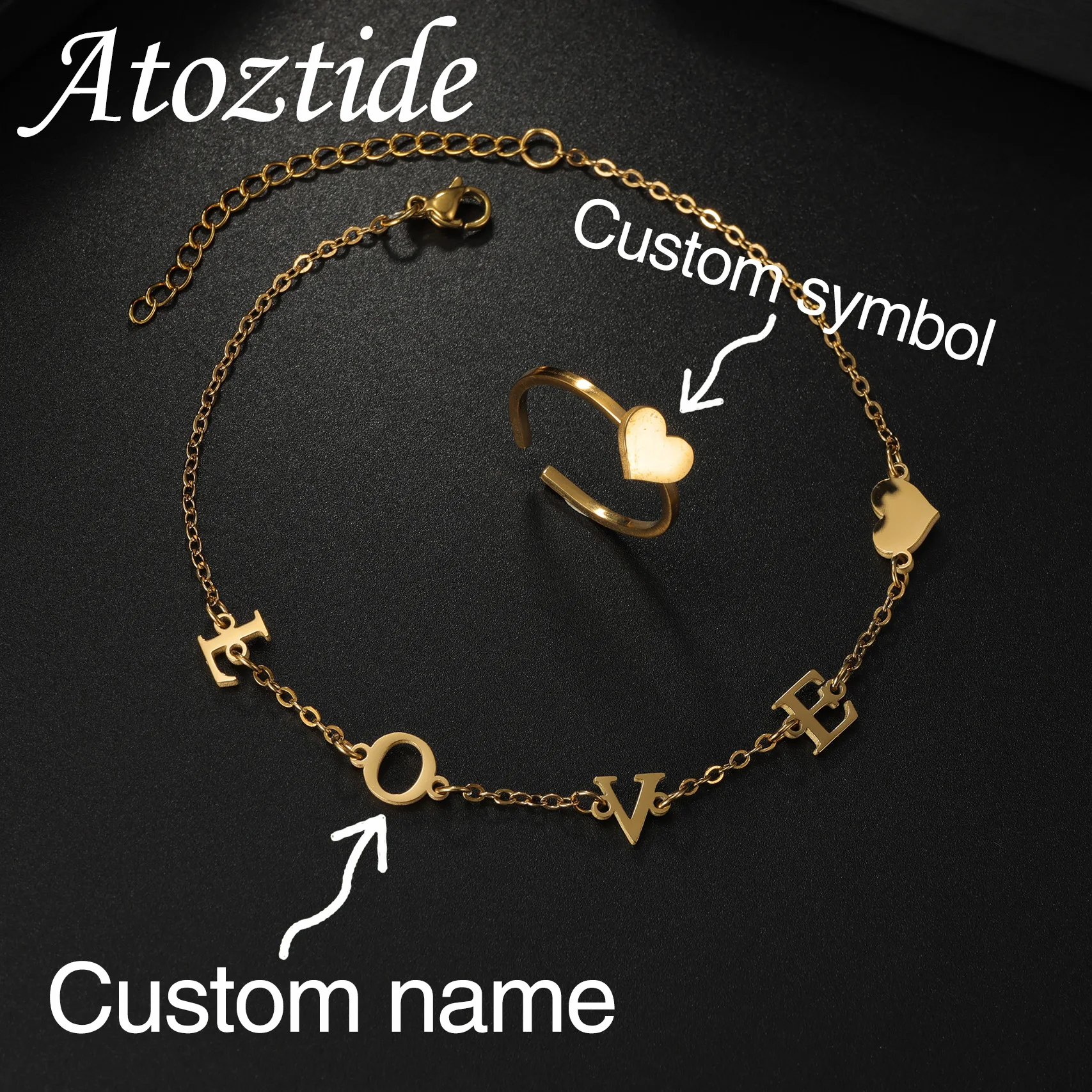 

Atoztide Custom Name Bracelet Symbol Ring Jewelry Set Stainless Steel For Women Personalized Initials Heart Chain Christmas Gift