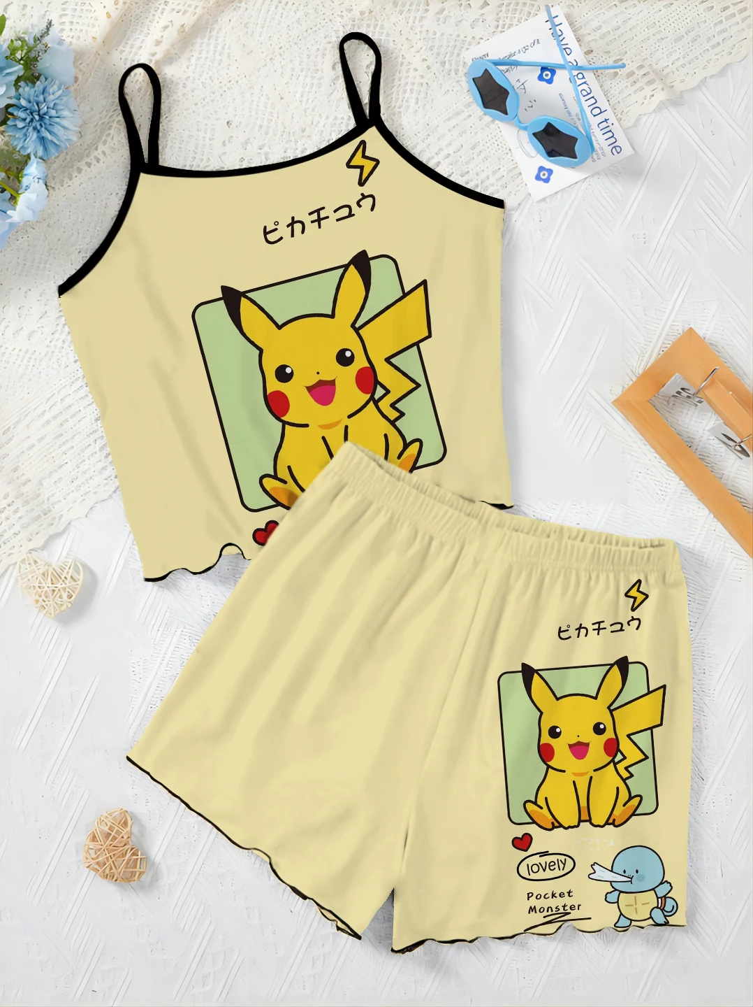 Women's Suit Pajama Skirt Pikachu Home Dress Top Pokémon Short Sets Lettuce Trim T-shirt Pieces Elegant Slip Dress Top Matching