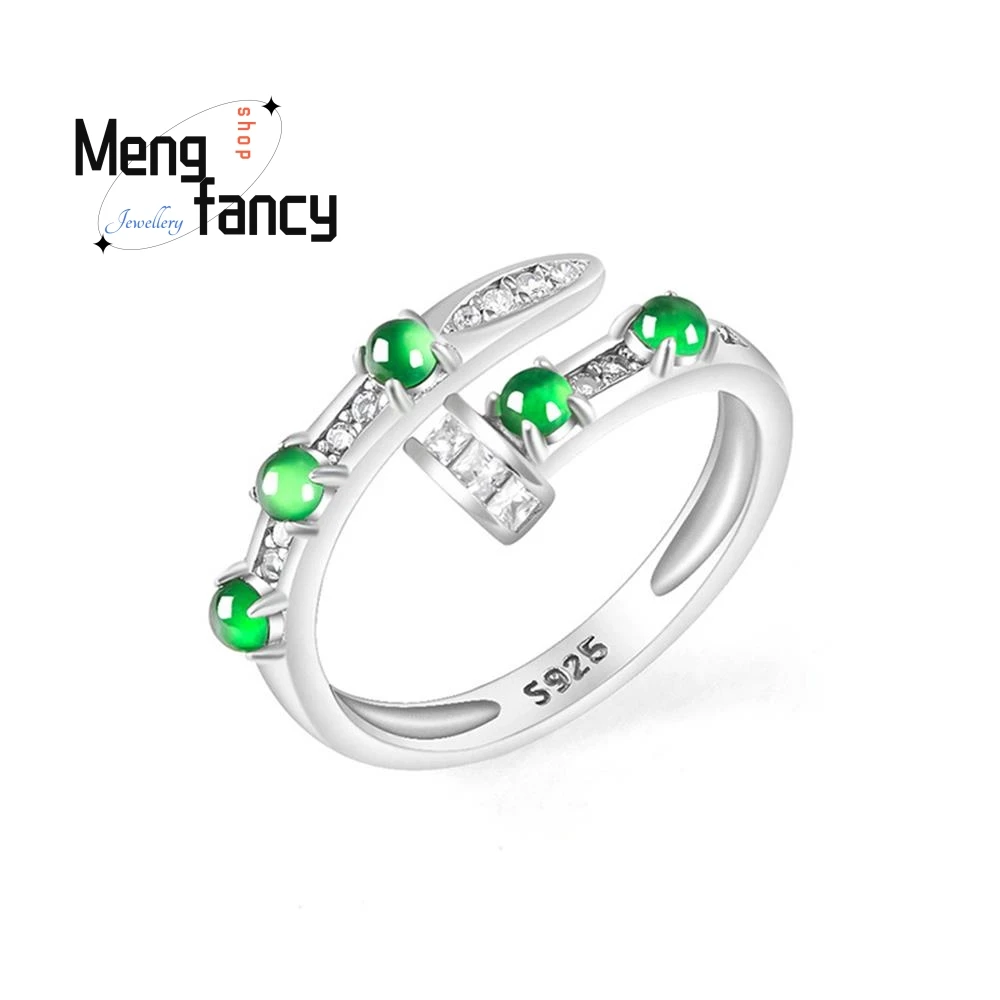 

High-grade Natural A-goods Jadeite Yang Green Ring Ice Jade S925 Silver Inlaid Adjustable Couple Fashion Luxury Jewelry Souvenir