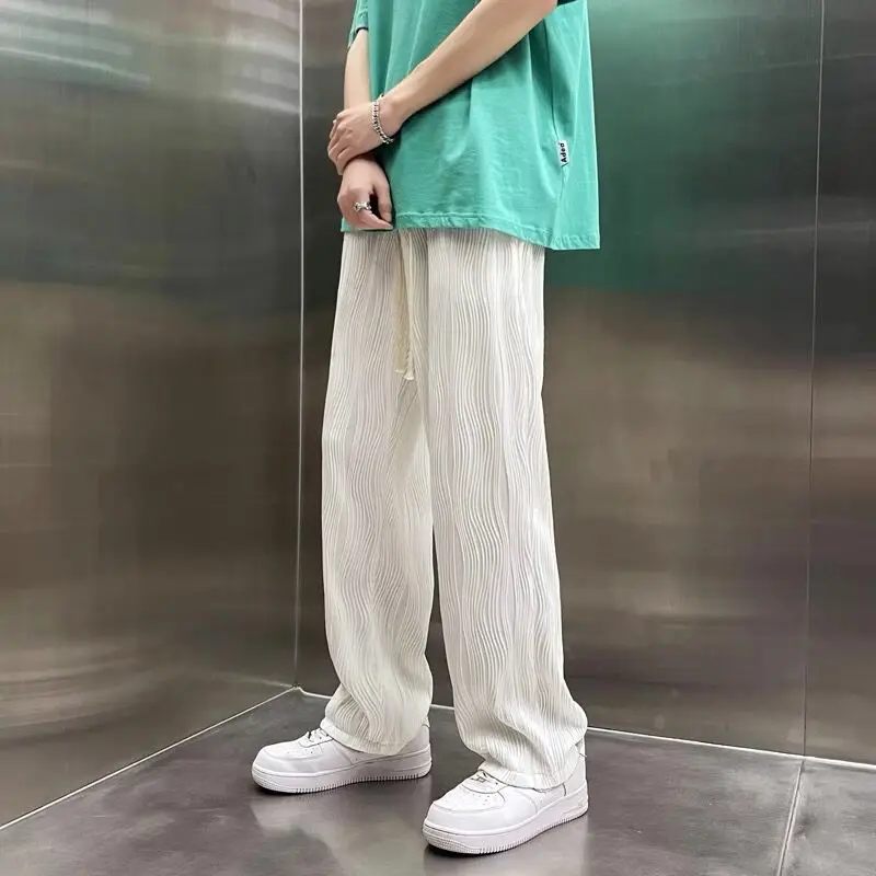 Women Water Wave Striped Pants Wide Leg City Boy Men Loose Trousers White Drawstring Ice Silk Cool Draped Streetwear Chic Pants