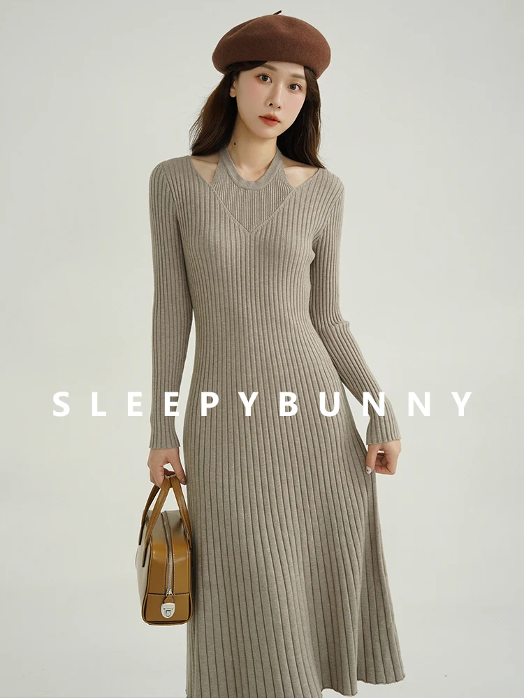 Halter pescoço recorte vestido de malha feminino inverno com nervuras magro manga longa camisola vestido cintura alta bodycon a linha midi vestido uso diário