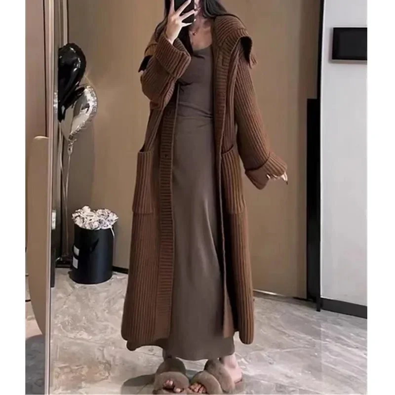 

2024 Women Maxi Long Sweater Cardigan Kintted Jacket Spring Autumn Crochet Loose Pockets Winter Warm Jumper Coat Cardigans