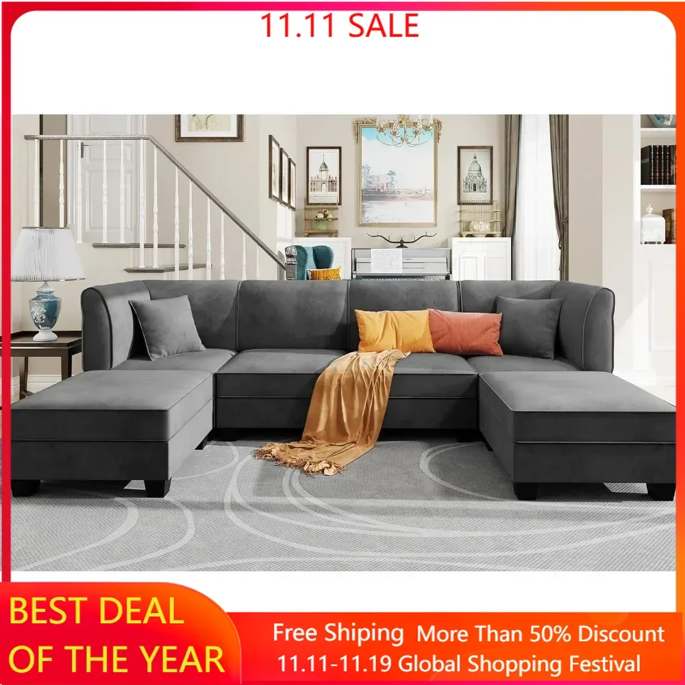 

Modular Sofa with Reversible Chaise Velvet U-Shaped Couch Sofa 6-seat Modular Large Sectional Couch with Ottoman for Living Room