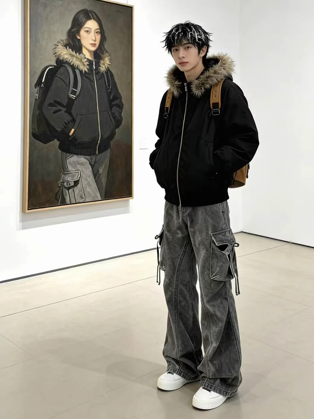 

Мужские джинсы Waed Workwear с большими карманами, прямые брюки, весенние, в стиле High Street, черные, молодежные, повседневные