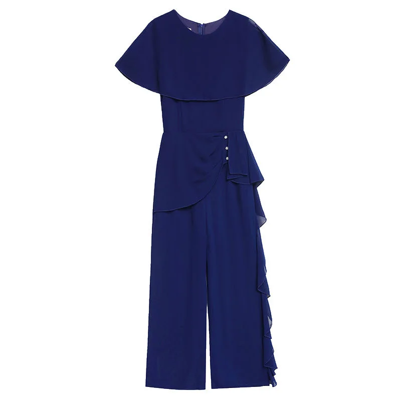 2023 Zomer Nieuwe Stijl Temperament Wijde Pijpen Jumpsuit Unieke Mode Chiffon Splice Jumpsuit Set