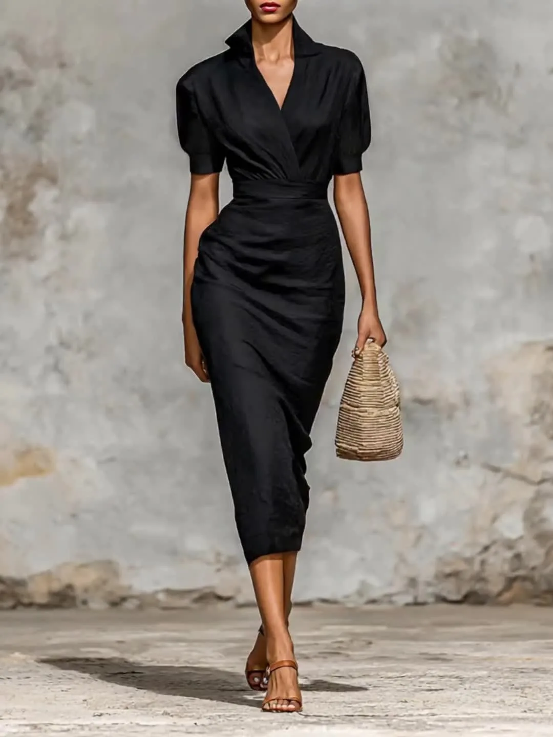 

Womens Dresses 2026 New Spring Summer Elegant Solid Color Turn-Down Collar Short Sleeve Cinched Waist Design Casual Long Dress