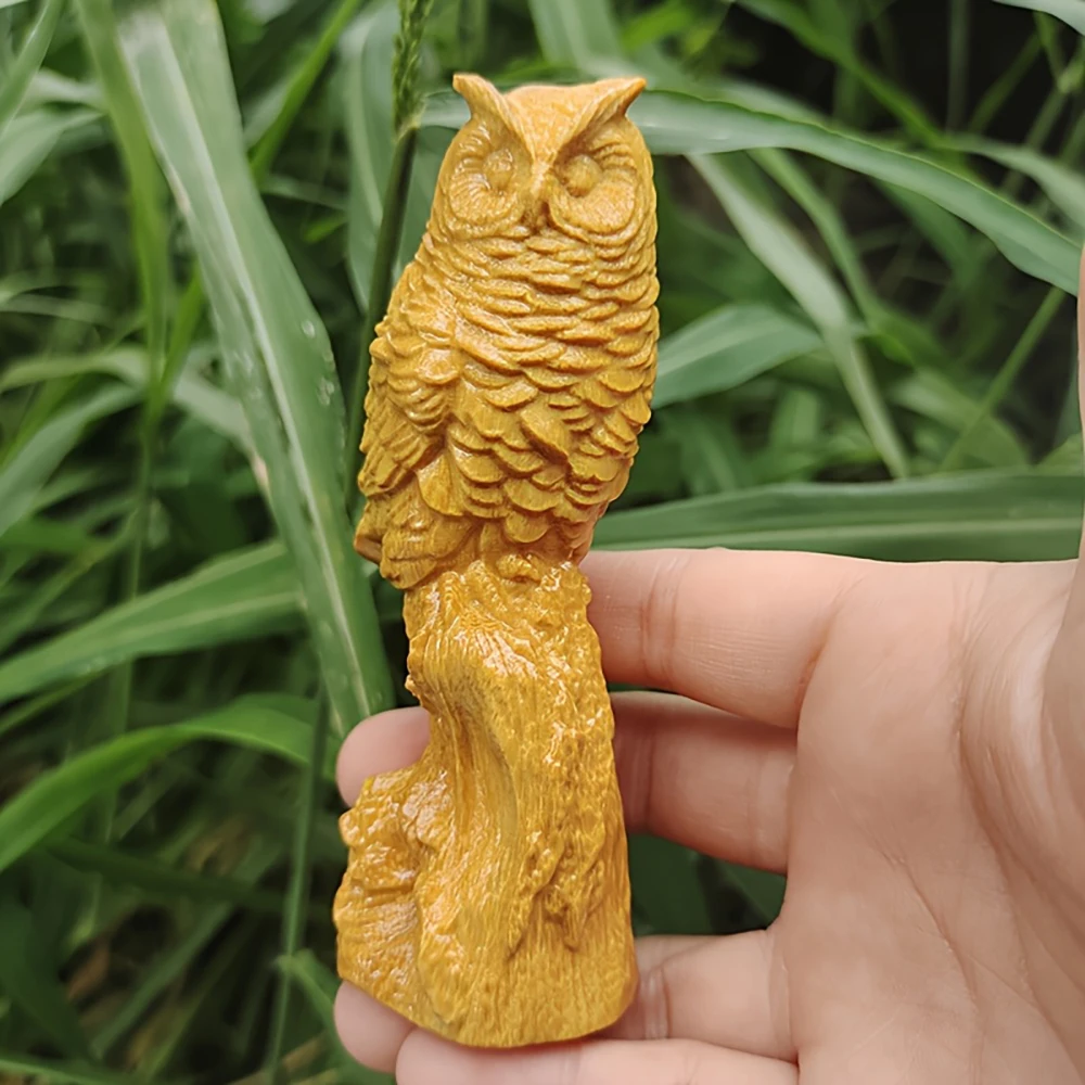 Wooden Carved Owl Figurine with Closed Eyes, Finely Textured Feathers, Standing on a Tree Stump, Handmade Wood Carving, Zen-Inspired Desktop Decoration, Christmas Birthday Gift