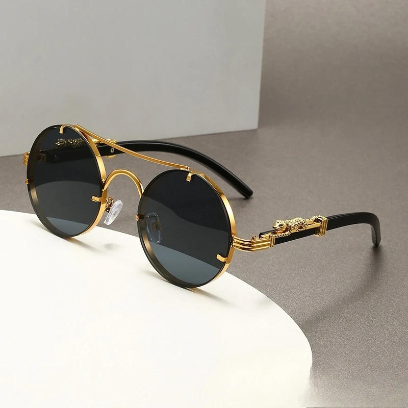 Cheetah Retro Doppelbalken-Sonnenbrille mit Rundem Rahmen und Holzmaserung-Ärmeln, Unisex Modische Sonnenbrille