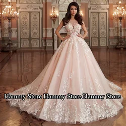 Traditional Wedding Dress Brush Pink Bride Dresses Cap Sleeve 3D Flower Applique Scoop Neck Court Train Bridal Gown Gelinlik