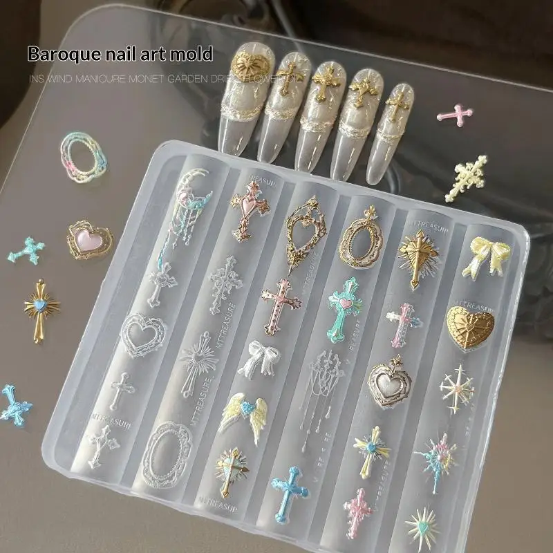 1 pieza de molde de silicona barroco para arte de uñas con relieve vintage de cruz, herramienta de tallado 3D DIY 3