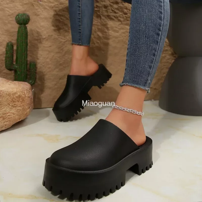 Summer Women\'s Platform Slippers Waterproof Casual Mule Sandals Chunky Comfort Wedges Black Beach Shoes Round Head 2024 New PU