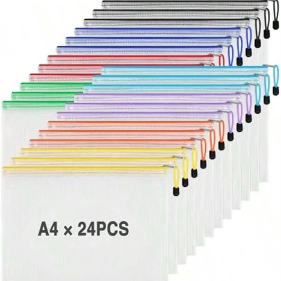 A4 Grid Zipper Bags, Student Stationery Bags, Suitable for Travel Storage, Office or Home organization, 24 Pcs Set