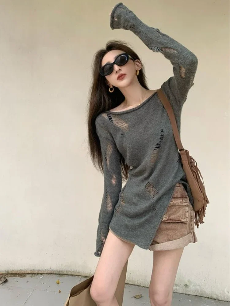 Deeptown Vintage Gray Sweater Women Harajuku Grunge Hollow Out Knitted Jumper Korean Fashion Hole Slim Thin Pullover Tops Kpop