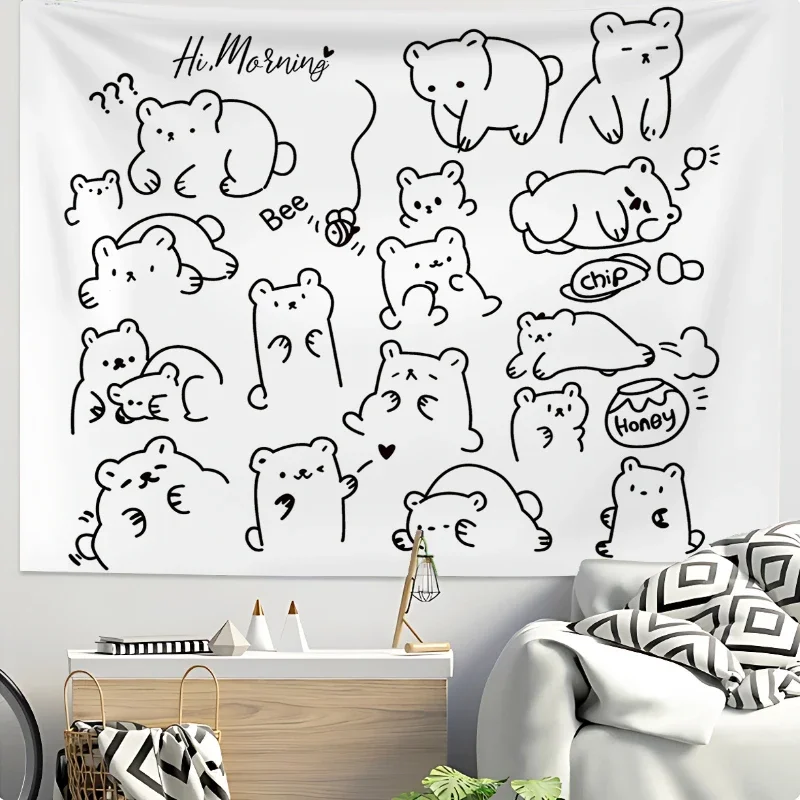 Doodle Cat Bear Tapestry Cute Minimalist Wall Hanging for Bedroom Living Room Dorm Aesthetic Kids Home Decor