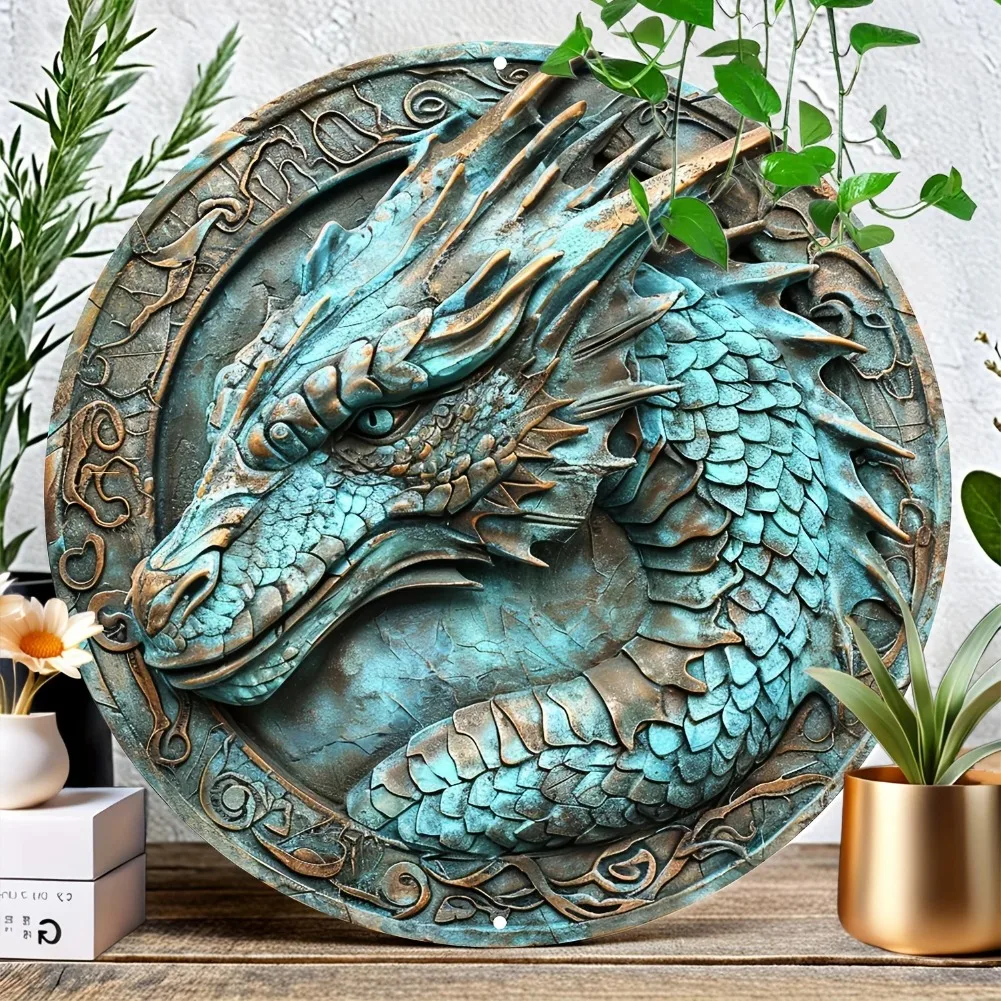 Arte de pared con relieve de dragón de aluminio, 8x8 ", emblema de corona de dragón redondo de Metal impermeable para decoración del hogar y la Oficina, 1 ud.