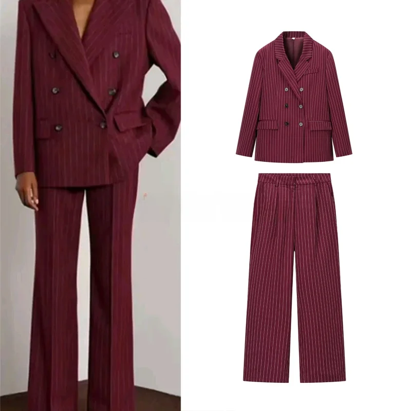 

Осенне-зимний женский двубортный костюм Faion Long Sve с отложным воротником в полоску, джин и повседневный комплект с прямыми брюками