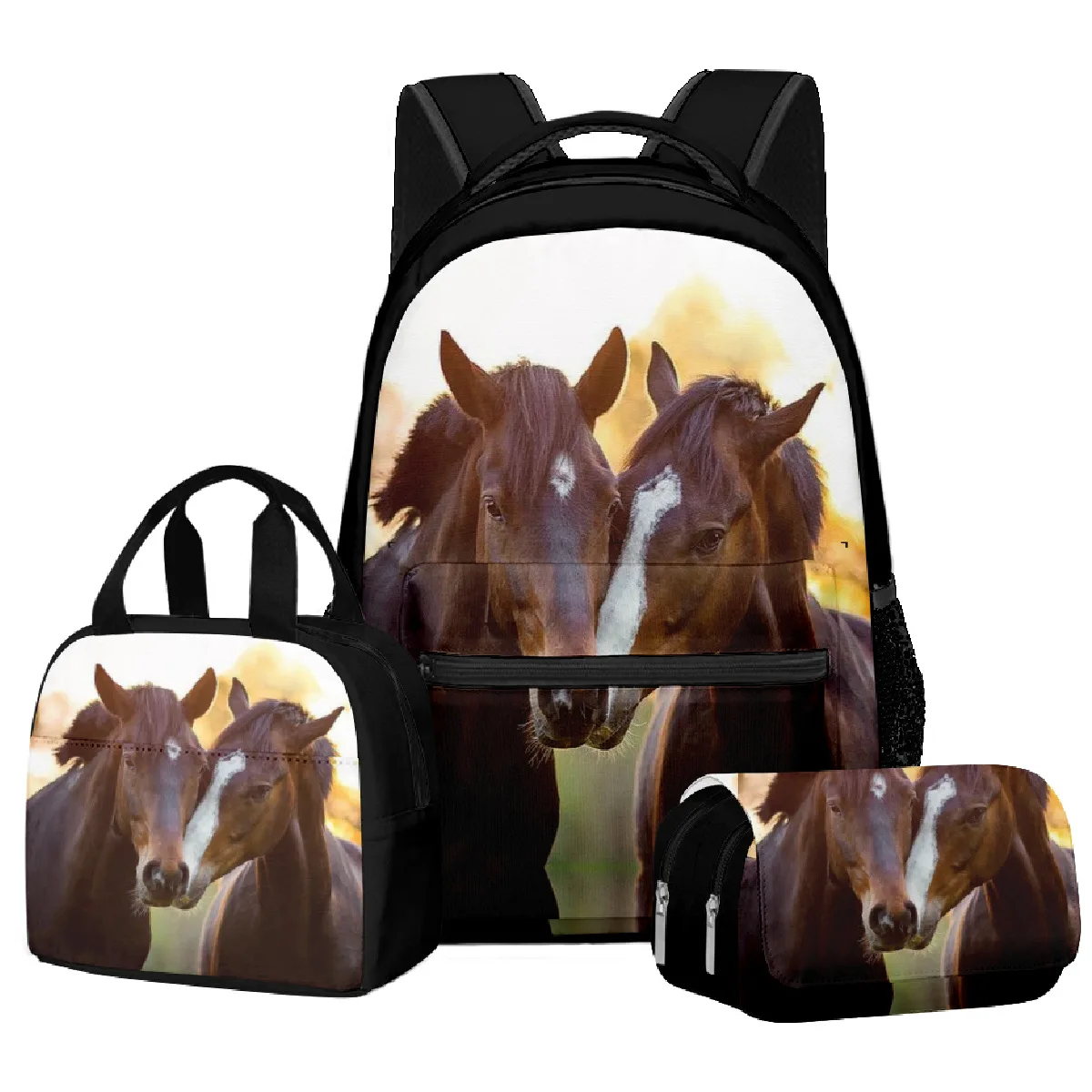 Harajuku Youthful Novelty Grassland horse 3D Print 3pcs/Set Student Travel bags Laptop Daypack Backpack Lunch Bag Pencil Case