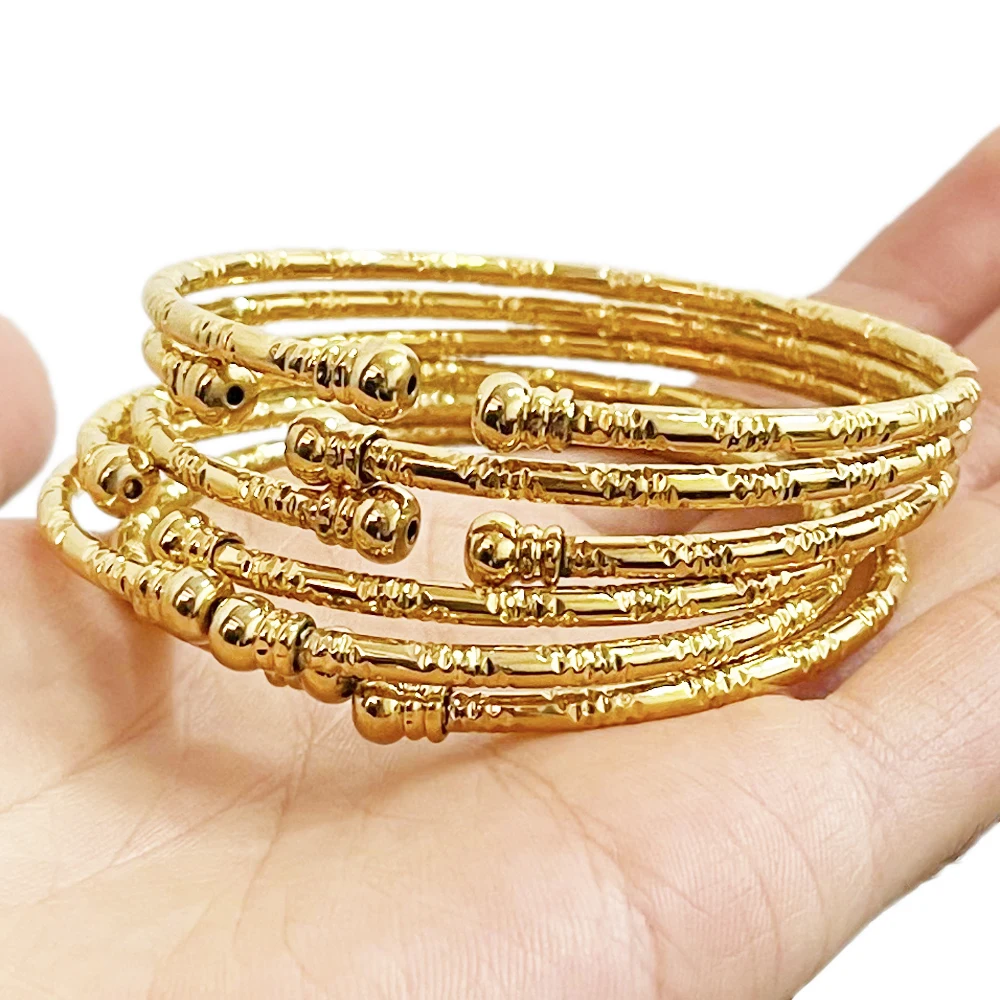 6Pcs Gold Plated African Bangle Set for Women Dubai Style Twist Open Cuff Stackable Bracelets Bridal Jewelry view 4