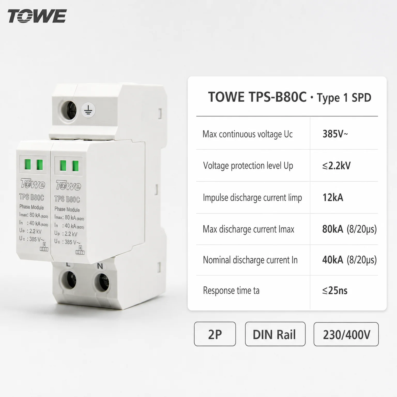 TOWE TPS B80C Type 1 SPD Surge Arrester 80kA T1 Class B 2P 4P 3 Phase 385V DIN Rail Surge Protector In 40kA Iimp 12kA