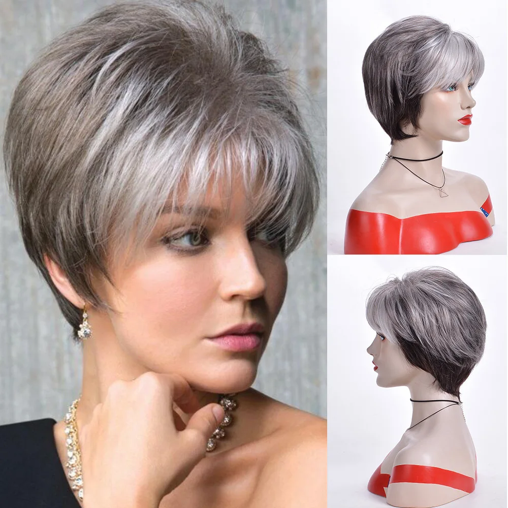 OUCEY Synthetic Wig Woman Short Wigs for Women Pixie Cut Natural Wigs Women Straight Hair Ombre Color Blonde Wig With Bangs