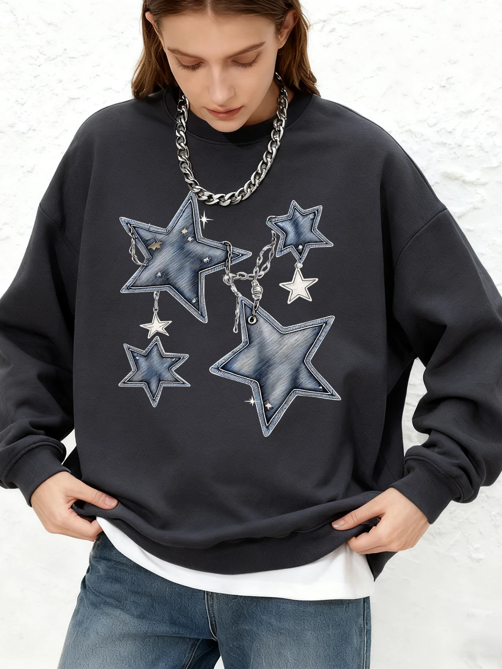 

Женские толстовки с принтом пентаграммы и цепочки, осенние толстовки для бега, повседневная толстовка с круглым вырезом большого размера, спортивная одежда