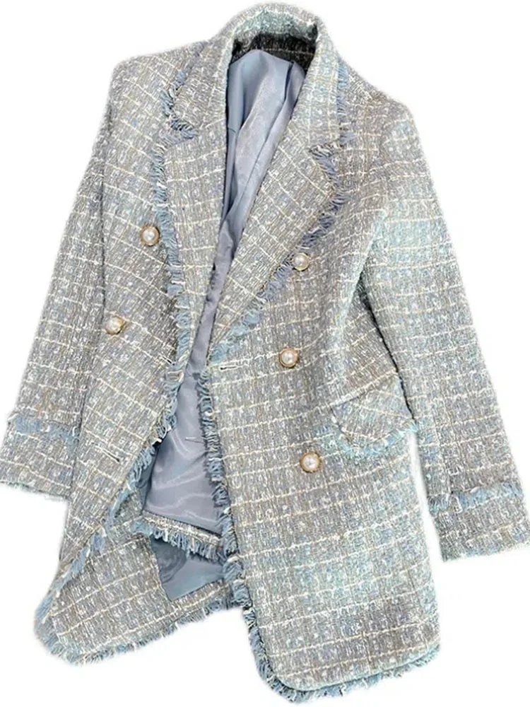 High-quality Temperament Tweed Women Jacket 2023 Autumn Long Sleeves Double Breasted Blazer Female Fashion Elegant Suit Coat