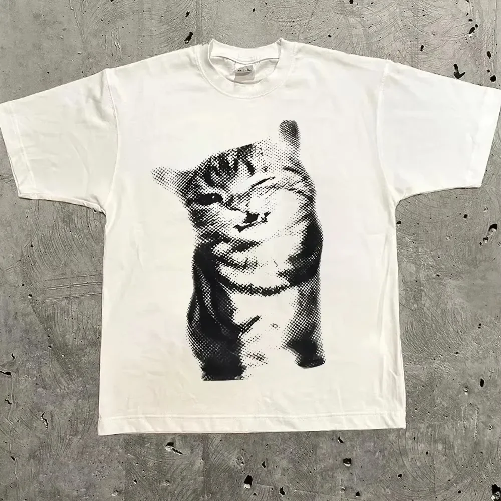Winking Kitten  Retro Cat Graphic Tee Cotton Mens Womens T-Shirt Y2K Streetwear