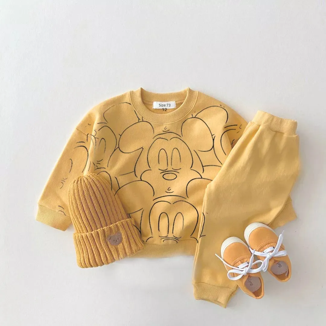 Pink Tracksuits Baby Girls Pure Cotton Casual Sports Two-pieces Set Mickey Full Printed Sweatshirts+pants Child Crew Neck Tops