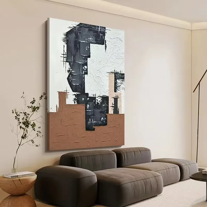 

Vintage Black and White Texture Abstract Art Hand Drawn Oil Painting Orange Hotel and Living Room Hanging Painting Corridor Sofa