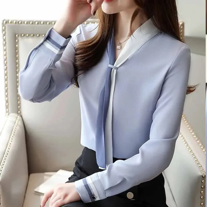 Autumn Office Shirt Vintage Long Sleeve Chiffon Blouses Casual Solid Loose Tops Elegant V-Neck Women Clothing Blusas Mujer  7188