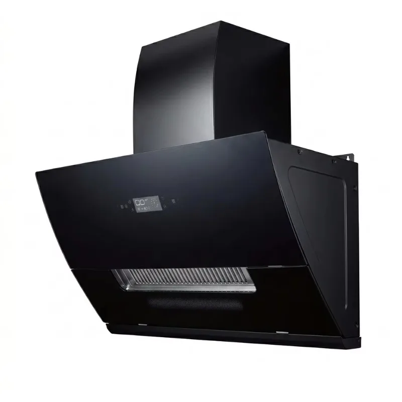 Intelligent Touch Control Curved Range Hood Black Glass Panel Digital Timing Powerful Kitchen Smoke Vent Hood for Home Use