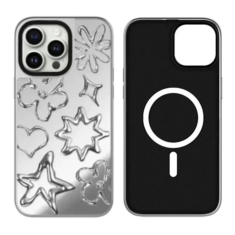 

Silver Heart Star iPhone 11 12 13 14 15 Pro Max Mirror Surface MagSafe Case Cover Shell