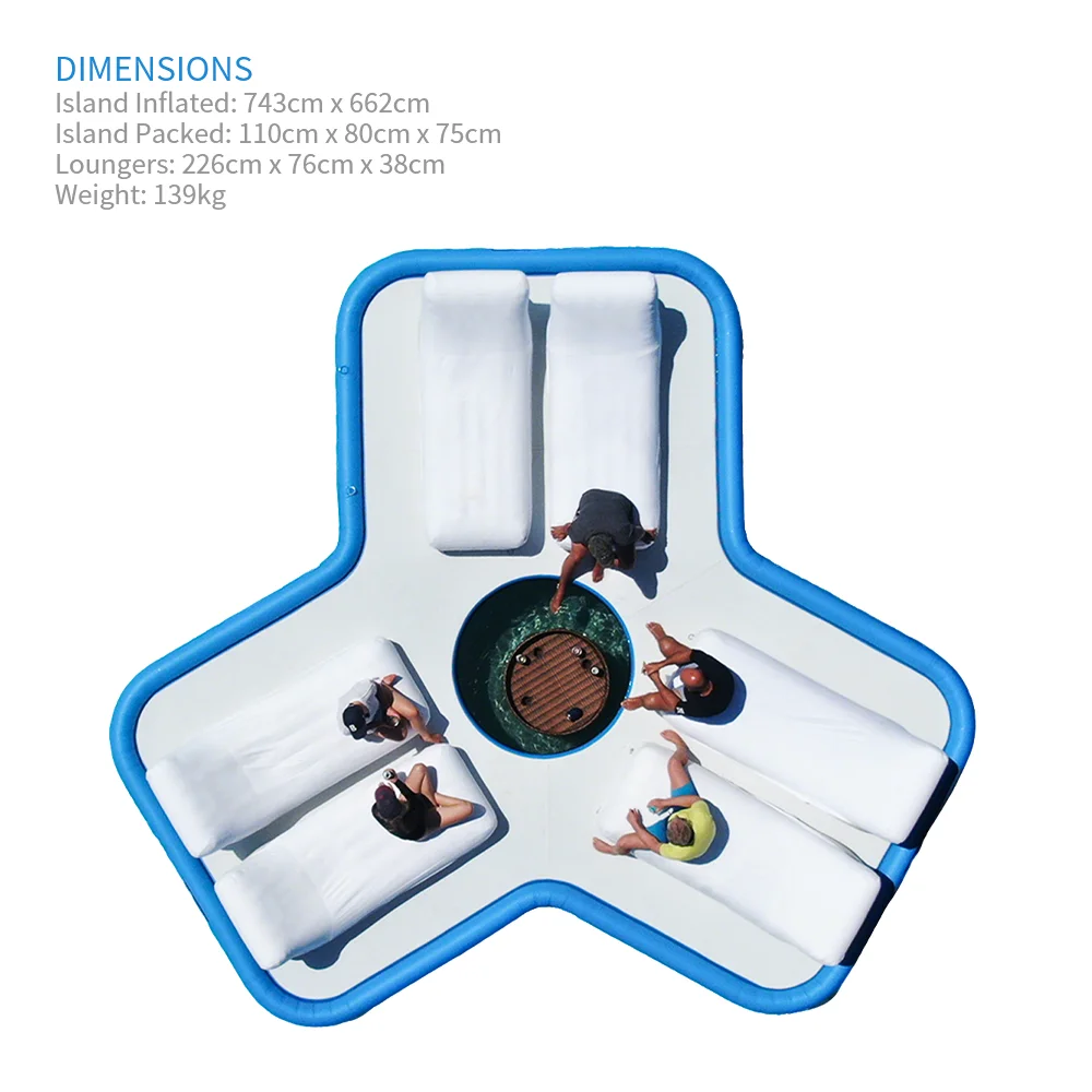 جزيرة عائمة قابلة للنفخ PVC مقاس 0.9 مم باللونين الأبيض والأزرق مع كراسي استلقاء