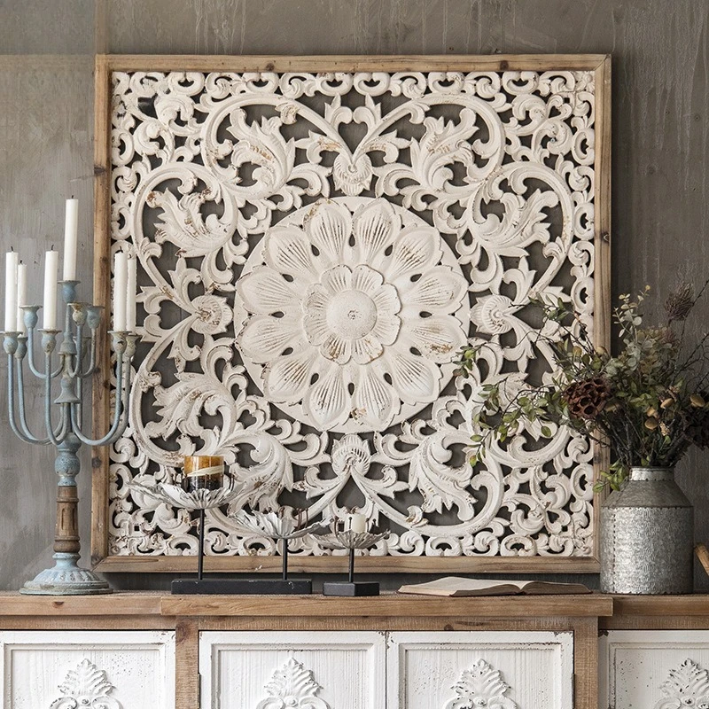 

French carved wooden wall decoration, homestay wedding photo props, light luxury hollow flower shop cafe wall decoration