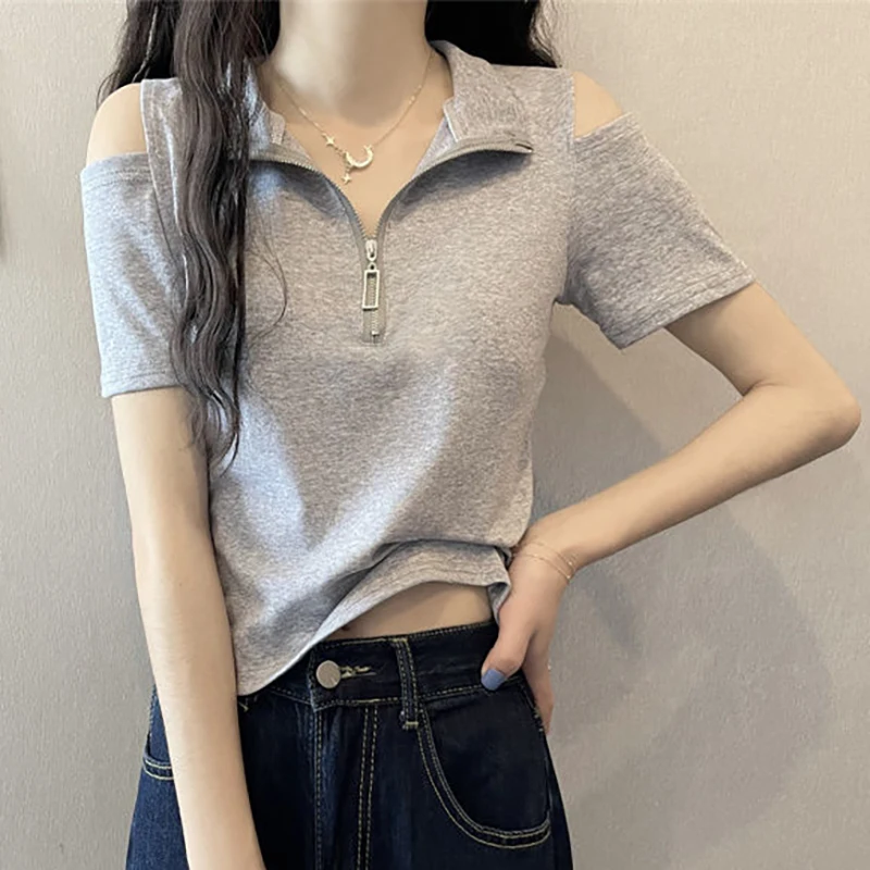 

Fashion Lapel Zipper Solid Color Hollow Out T-Shirts Female Clothing 2024 Summer New Loose Korean Tops Casual Tee Shirt