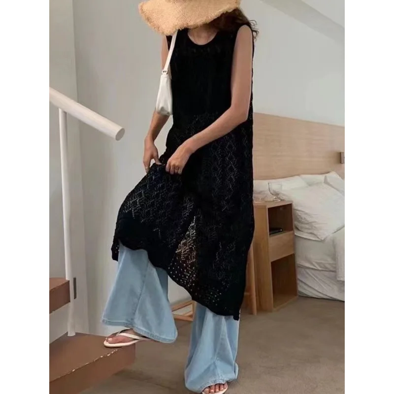 2026 New Arrival Women's Niche Design Layering Knit Cover Up Tank Dress Summer Back Slit Long Maxi Dress