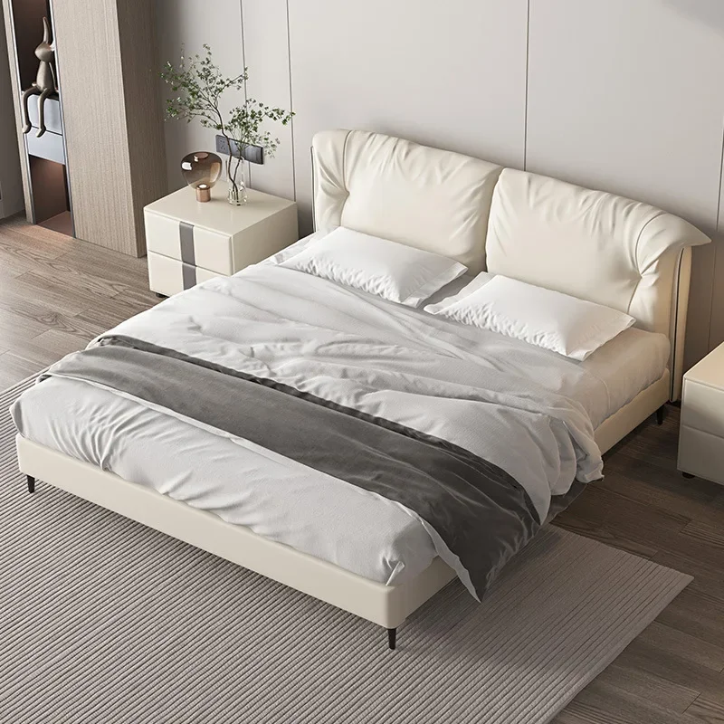 Double Genuine Leather Bed  2023 New Light Luxury Modern Simple White Soft Bedroom Queen Beds Home Furniture  Ins Western Style