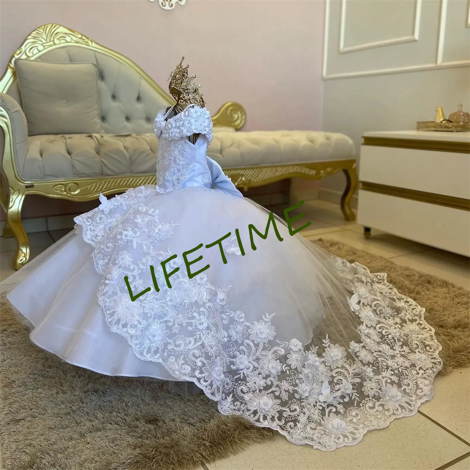 

White Pearls Flower Girl Dress For Wedding Puffy Sleeveless Princess Birthday Party Beaded Tulle Christmas First Communion Gown