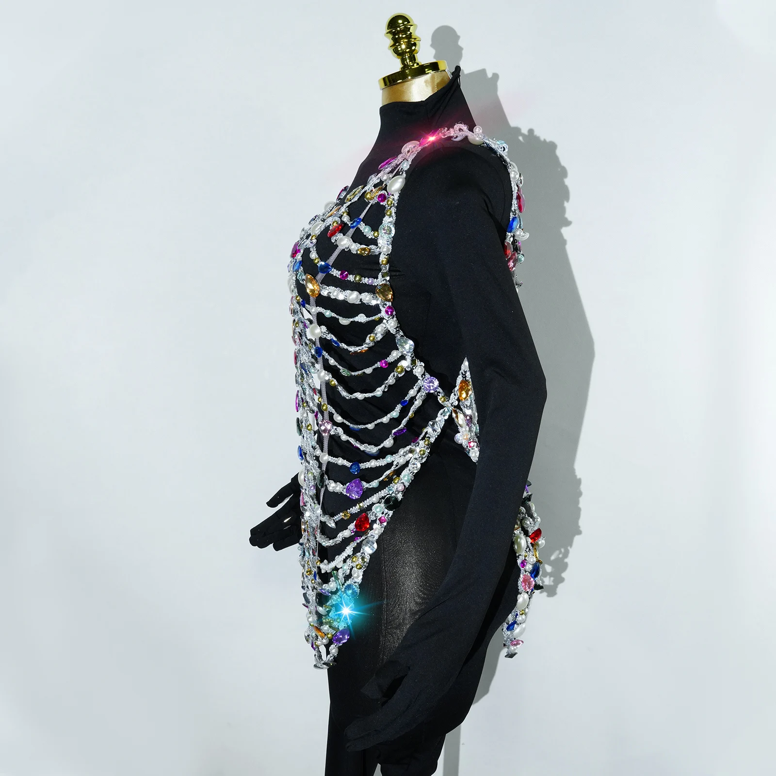 Espumante luxo colorido cristal oco sexy collant cantor traje de palco rainha pólo dança clube aniversário traje de dança