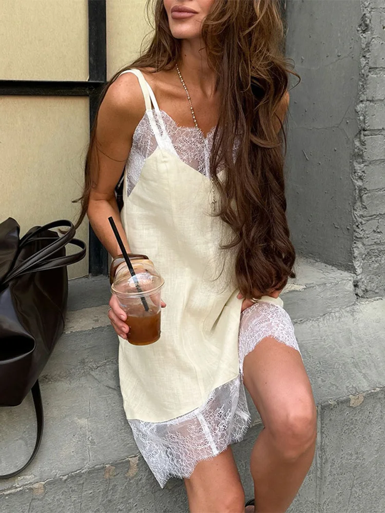 Trendix Abito sottoveste casual in pizzo per donna Sexy trasparente Boho con spalle scoperte Abiti corti Party Club Mini abito da spiaggia scavato