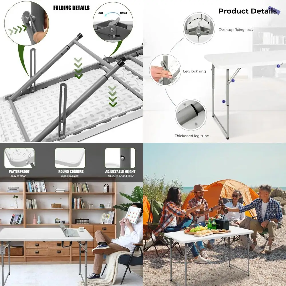 

Portable 4-Foot Foldable Plastic Table with Adjustable Height, Suitable for Indoor and Outdoor Use, White