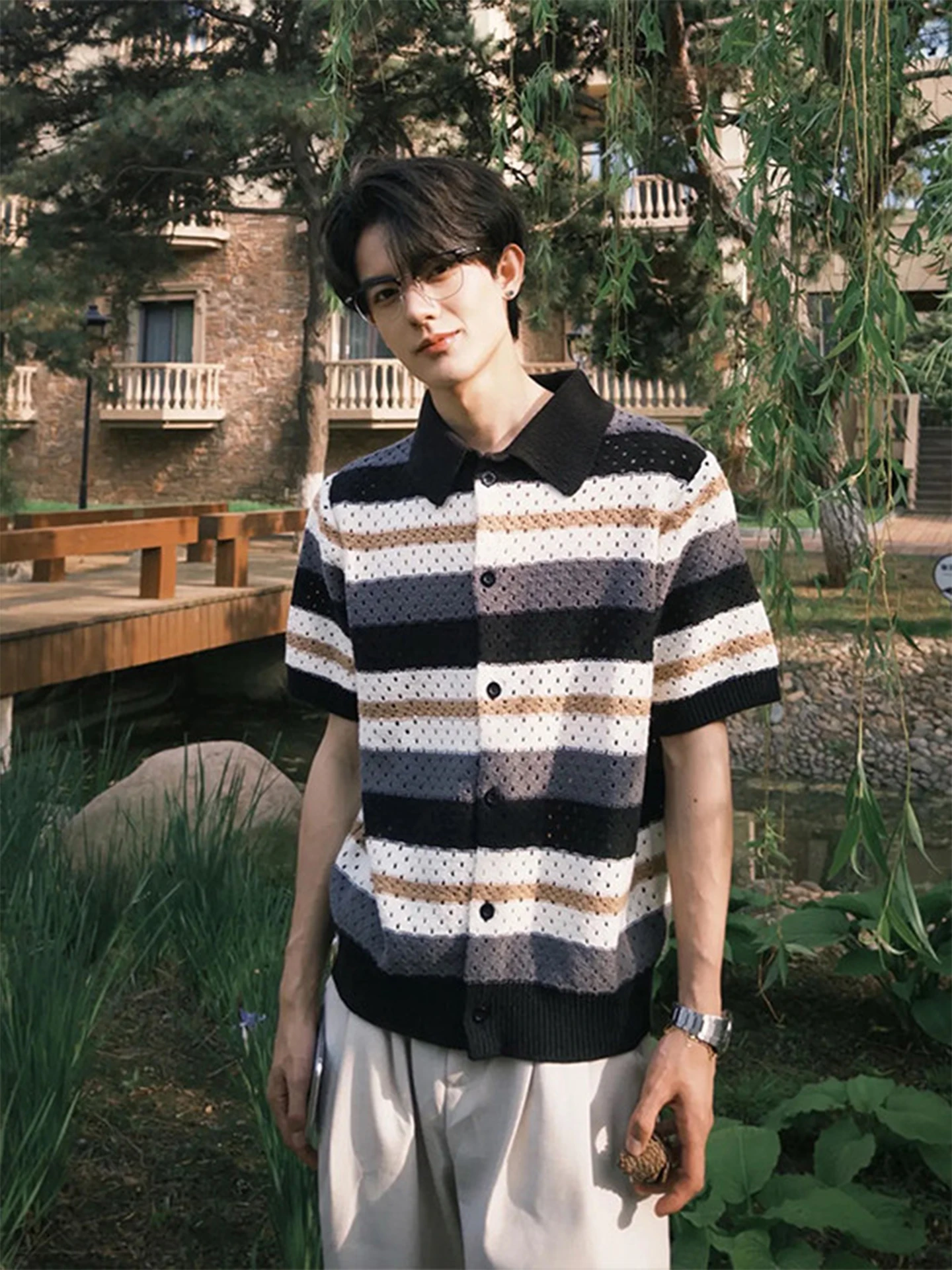 

American Stripe Hollow Knitted Cardigan Short Sleeve Men's Summer Shirt Turn-down Collar Regular Fit Casual Style T-shirt