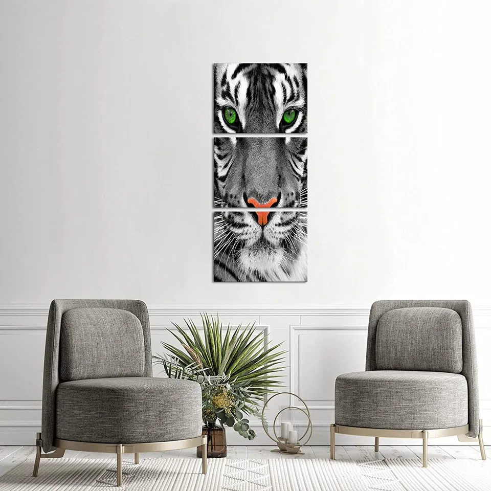 3 pcs Diamond Painting White Tiger Face Green Eyes Modern Diamond Mosaic Painting Triptych Wall Art for Home Office Decoration