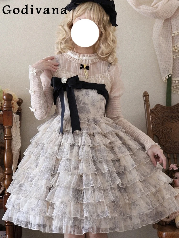 

Elegant Lolita Slash Neck Autumn Winter New Princess Ballet Jsk Cake Suspender Dress High Waist Fashion A-line Sweet Dresses