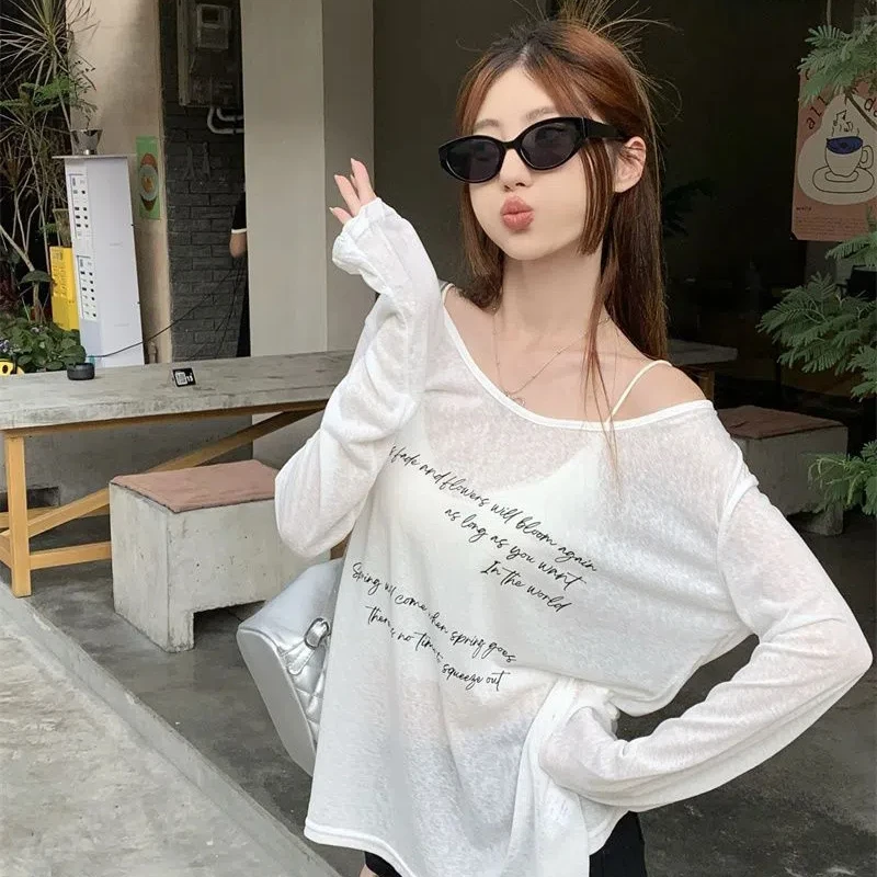 Lazy Style Letter Print Off-shoulder Long-sleeved T-shirt Women's Summer Loose Casual Thin Sunscreen Top