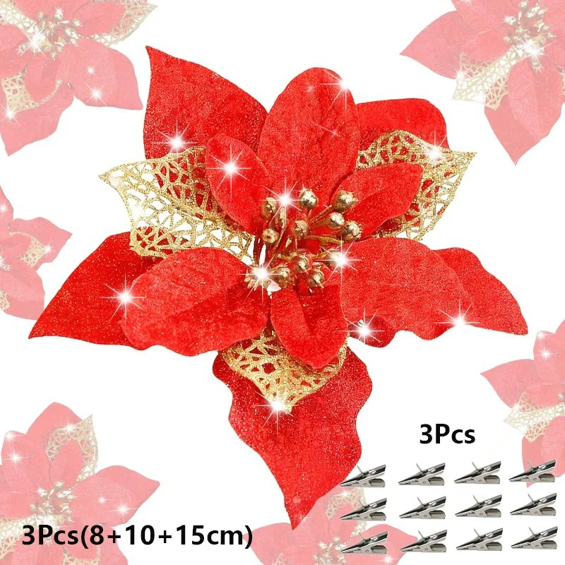 6 Stücke 8/10/15 cm Weihnachtsblumendekoration Sparkle Weihnachtsbaum Hängende Verzierung für Navidad Künstlicher Kranz Handwerk Neujahrsgeschenke